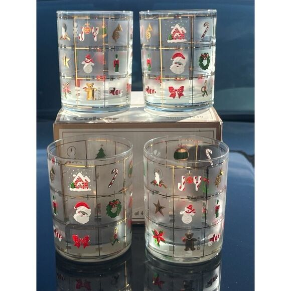 Lot 4! Vintage Culver MCM Christmas Potpourri Low Ball 14 oz Glass Glasses - Picture 1 of 3